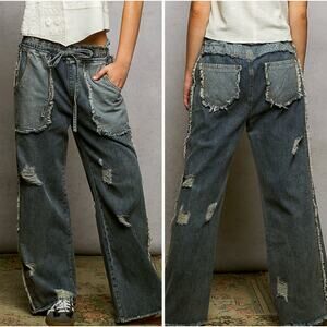 POL Distressed Patchwork Jeans Small Wide Leg Boho Denim Drawstring Waist